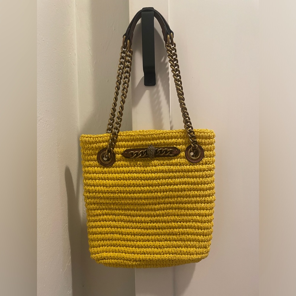 KURT GEIGER CHELSEA RAFFIA SHOULDER BAG in a sunflower yellow shade for summer.